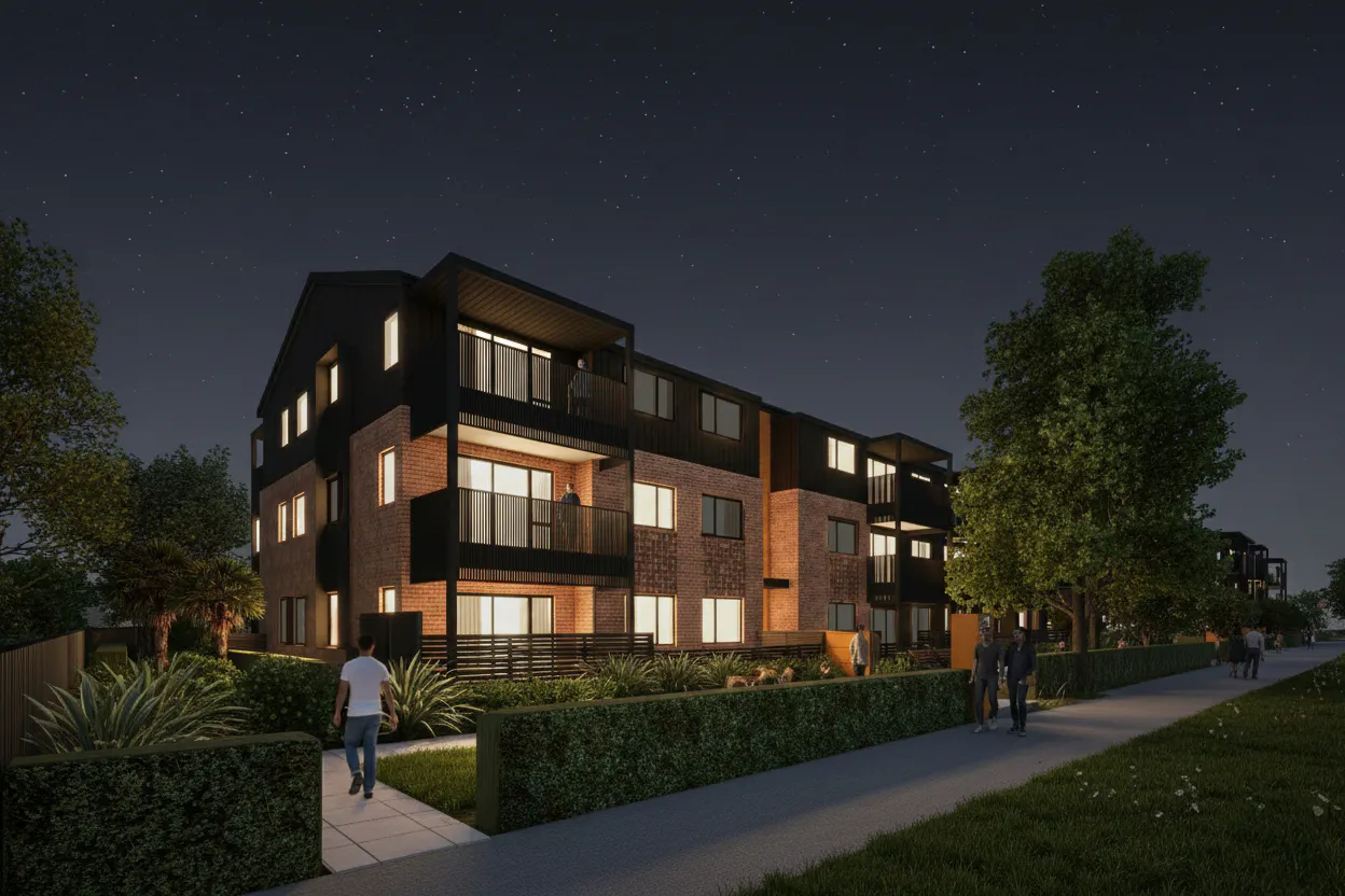 Bader Drive Modern Apartments Construkt Architects Auckland Night time