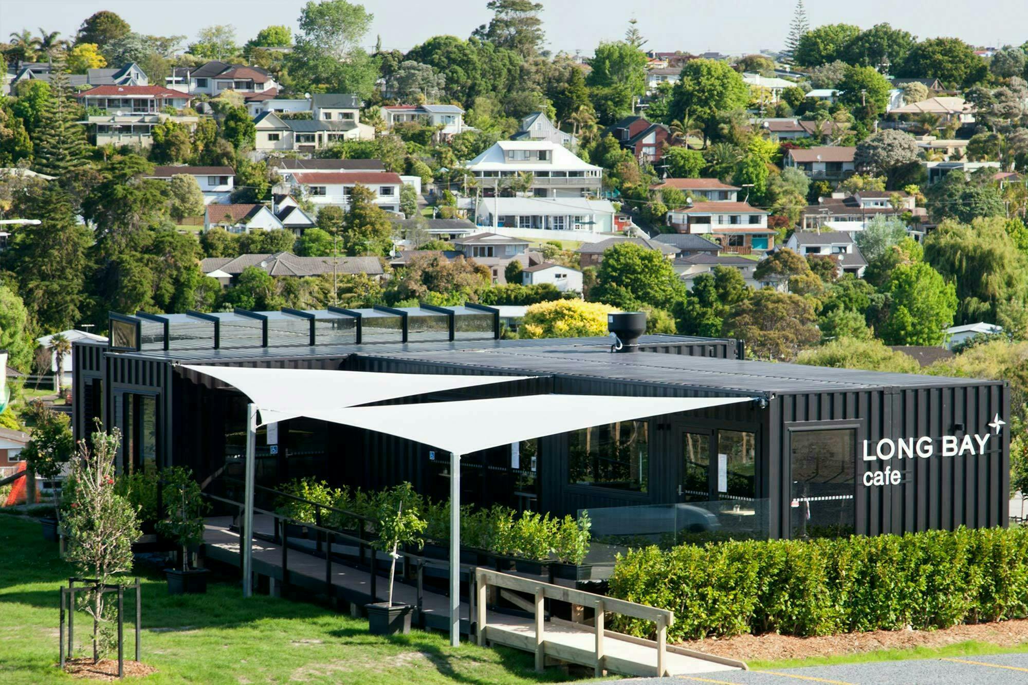 Long Bay Cafe Shipping Container Architecture Construkt Architects Auckland Aerial Shot