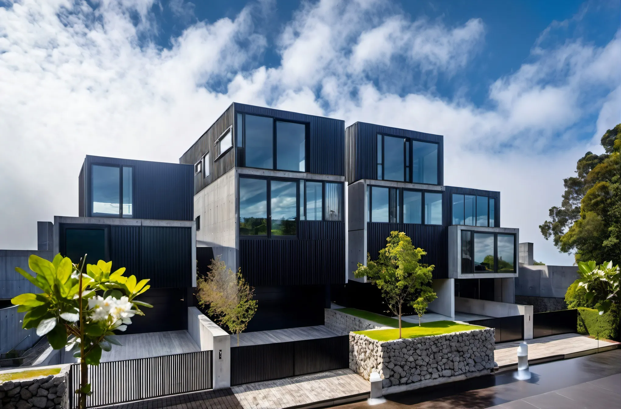 2024 04 23 18 57 20 BLUE SKIES BLACK VERTICLE TIMBER SHUTTERED CONCRETE BLACK STANDING SEAM CLADDING